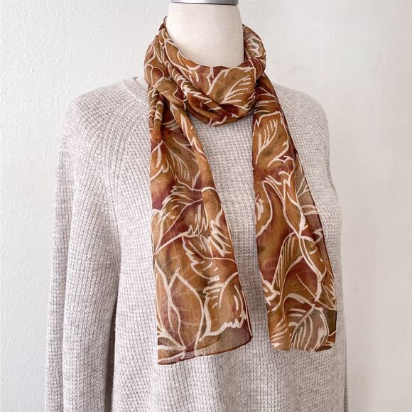 Vintage Semi Sheer Scarf Wrap Boho Fall Leaf Floral Earthy Brown Tan Green - Picture 6 of 6